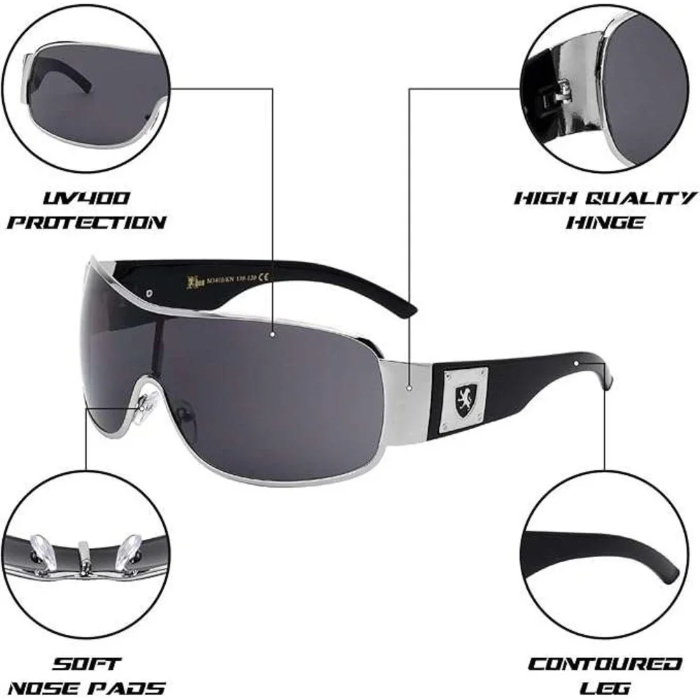 Silver‎ Shield Sunglasses Black Wrap Around UV400 Women Futuristic, Gorpcore New